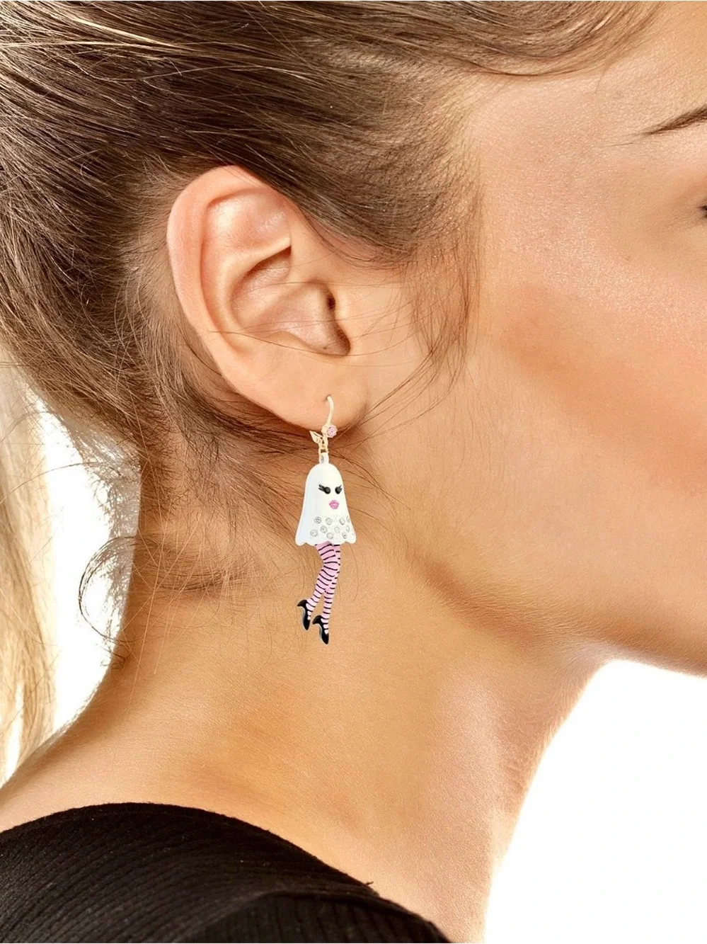 Betsey Johnson Pink & White Ghost Leg Drop Earrings with Crystal Accents